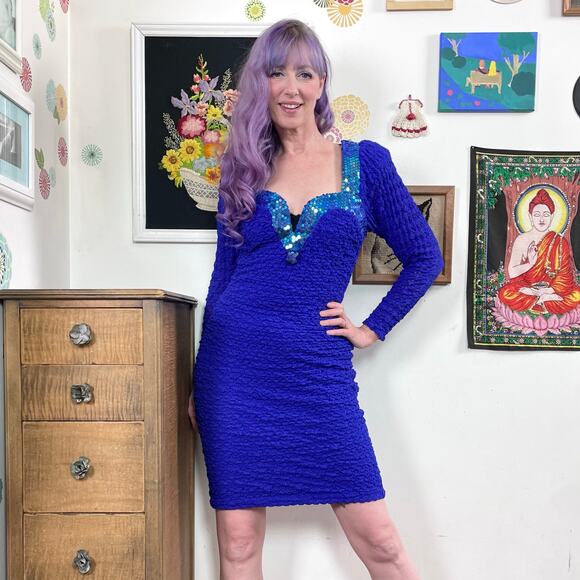 Vintage Blue Popcorn Stretch Bodycon Dress, 1980s Sequin Cocktail Party Mini, M - Picture 1 of 10